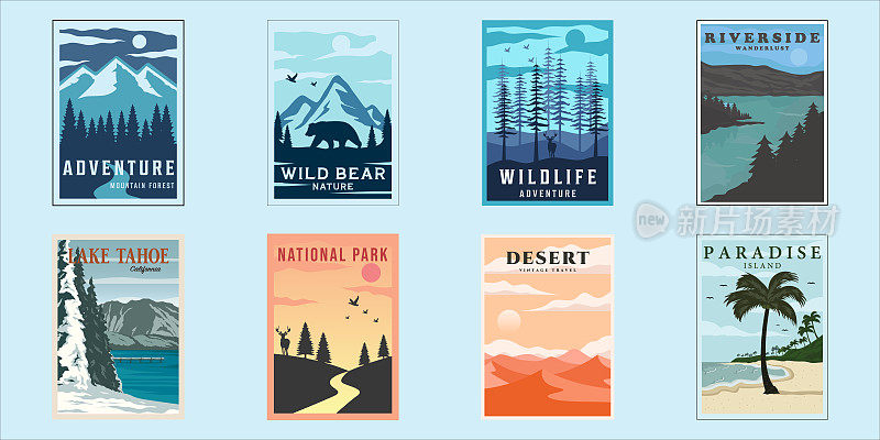 set of outdoor nature poster minimalist vintage vector illustration template graphic design. bundle collection of various national park concept at beach forest lake and wildlife